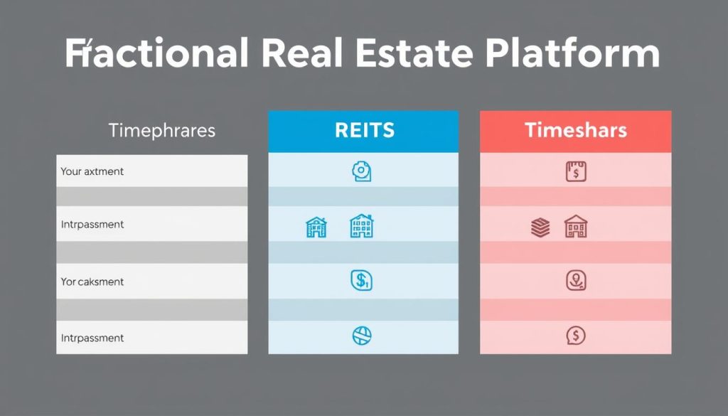 Comparison between fractional real estate investing platforms, REITs, and timeshares showing key differences in investment approach