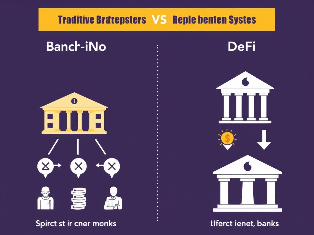 Comparison between traditional banking and DeFi systems showing the elimination of intermediaries