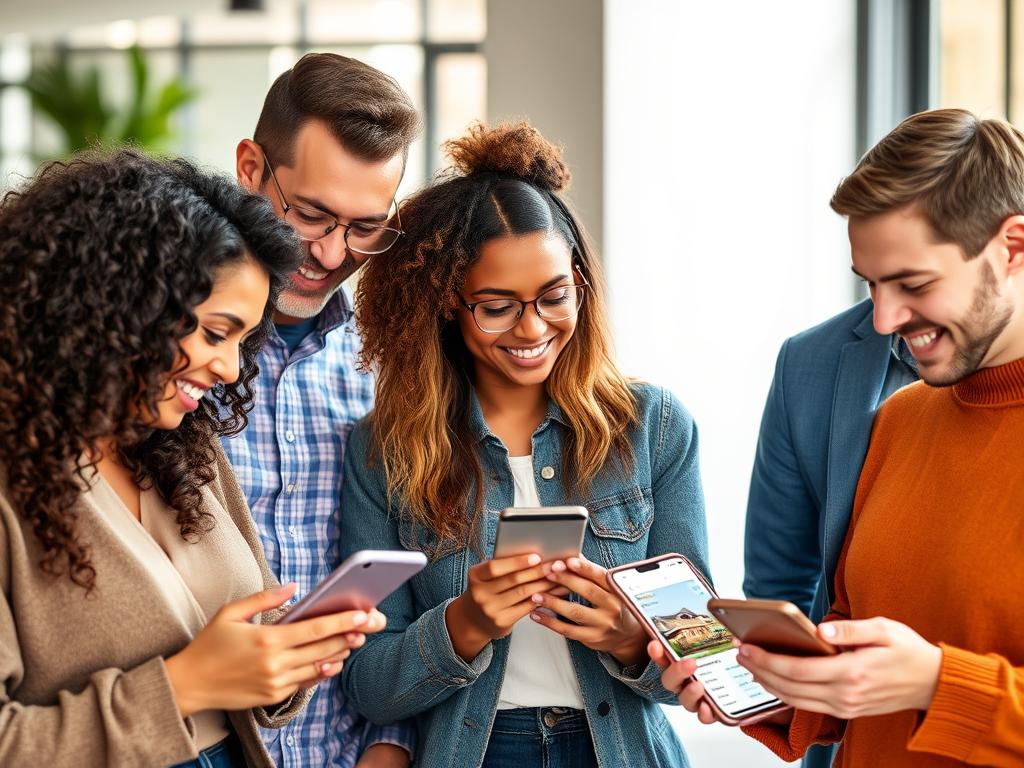 Diverse group of investors accessing fractional real estate investing platforms on mobile devices