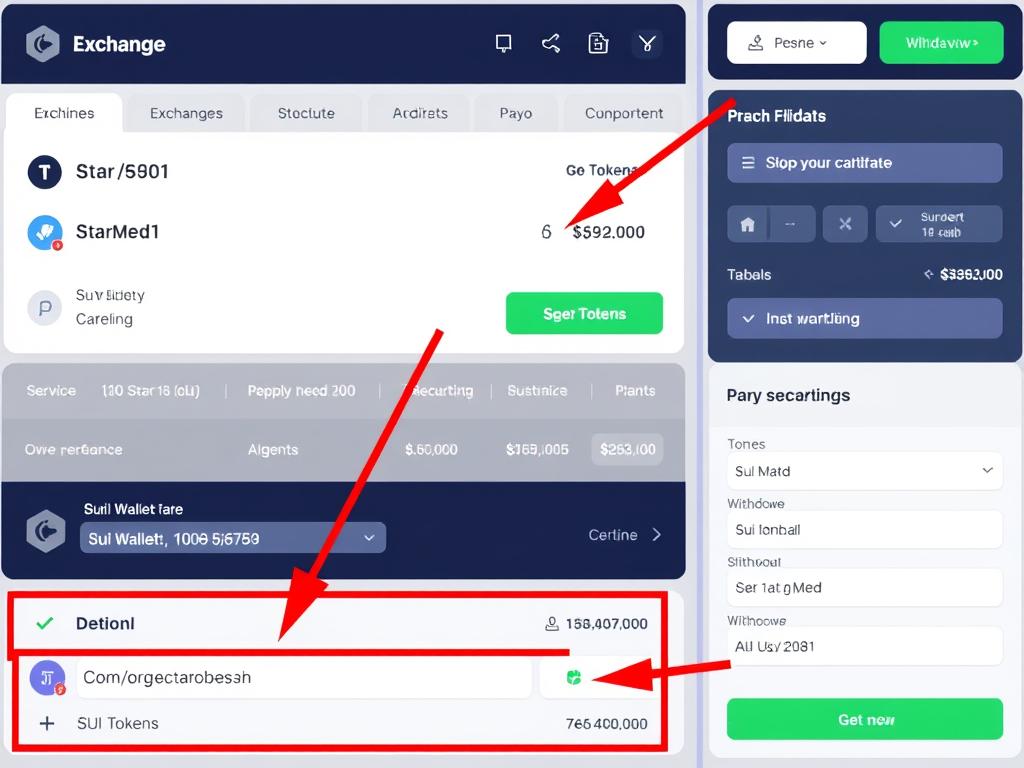Exchange interface showing SUI token purchase and withdrawal to Sui Wallet