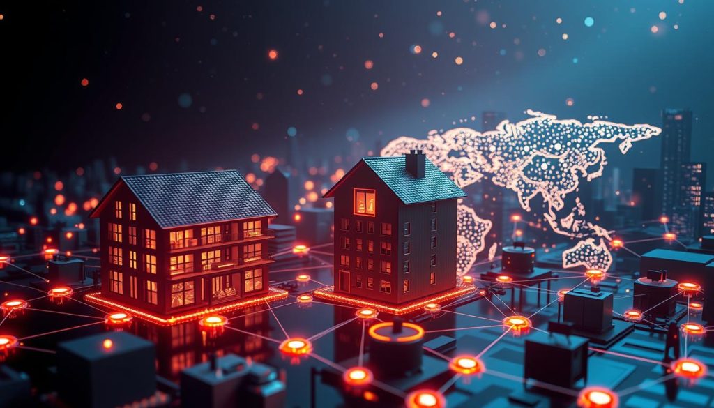 Futuristic visualization of fractional real estate investing platforms with blockchain technology and smart contracts