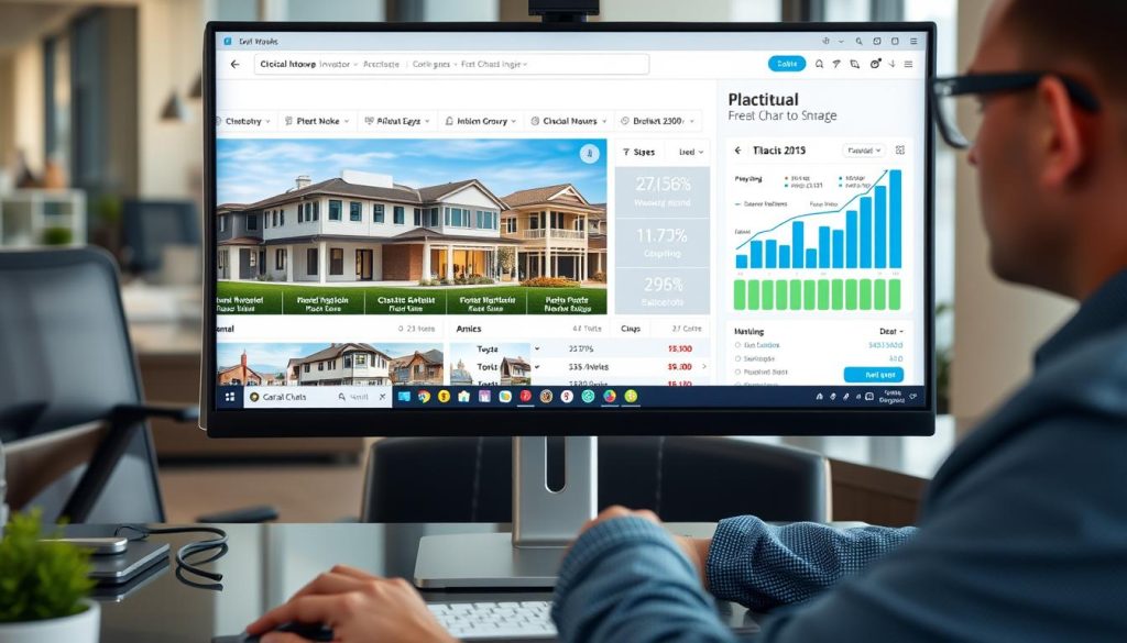 Investor analyzing fractional real estate investing platforms on computer showing property listings and returns