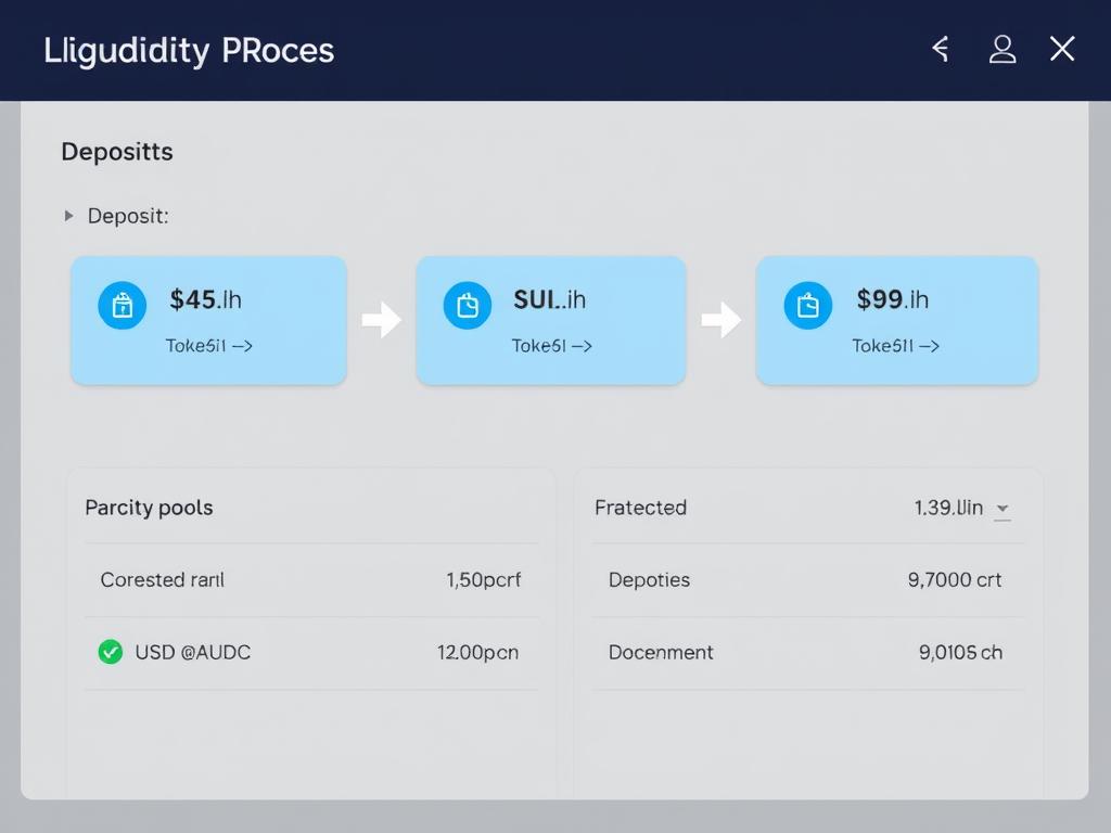 Liquidity provision interface showing deposit of SUI and USDC tokens into a pool
