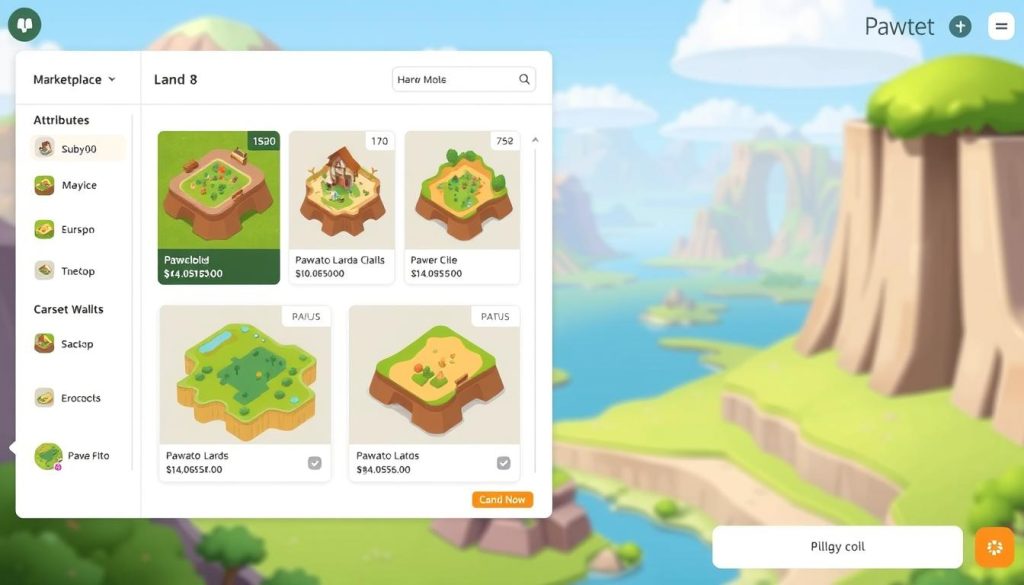 Marketplace interface for browsing and purchasing Pawtato Land plots