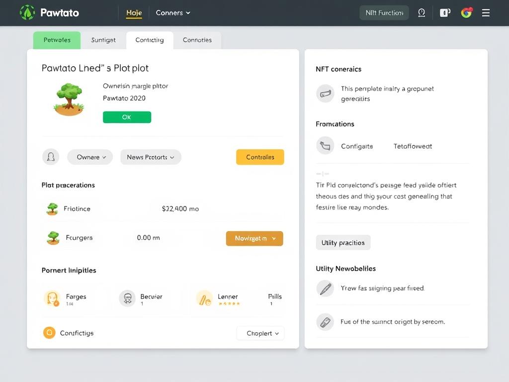 NFT ownership interface for Pawtato Land showing plot details and ownership benefits
