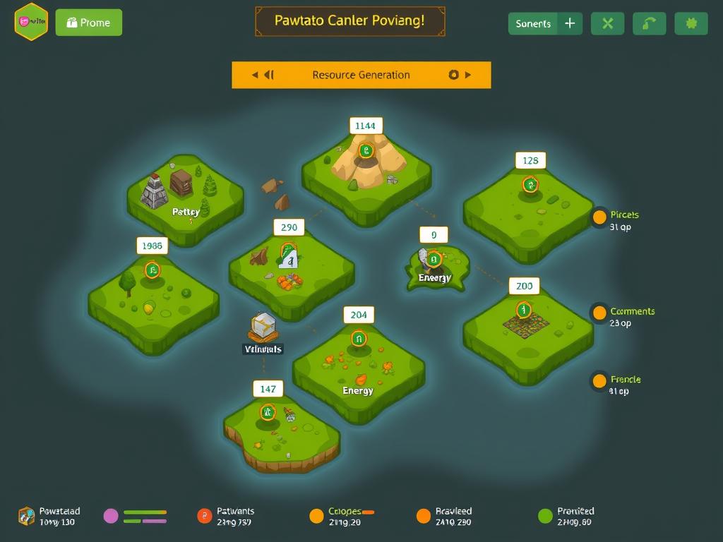 Resource generation visualization in Pawtato Land showing different resource types