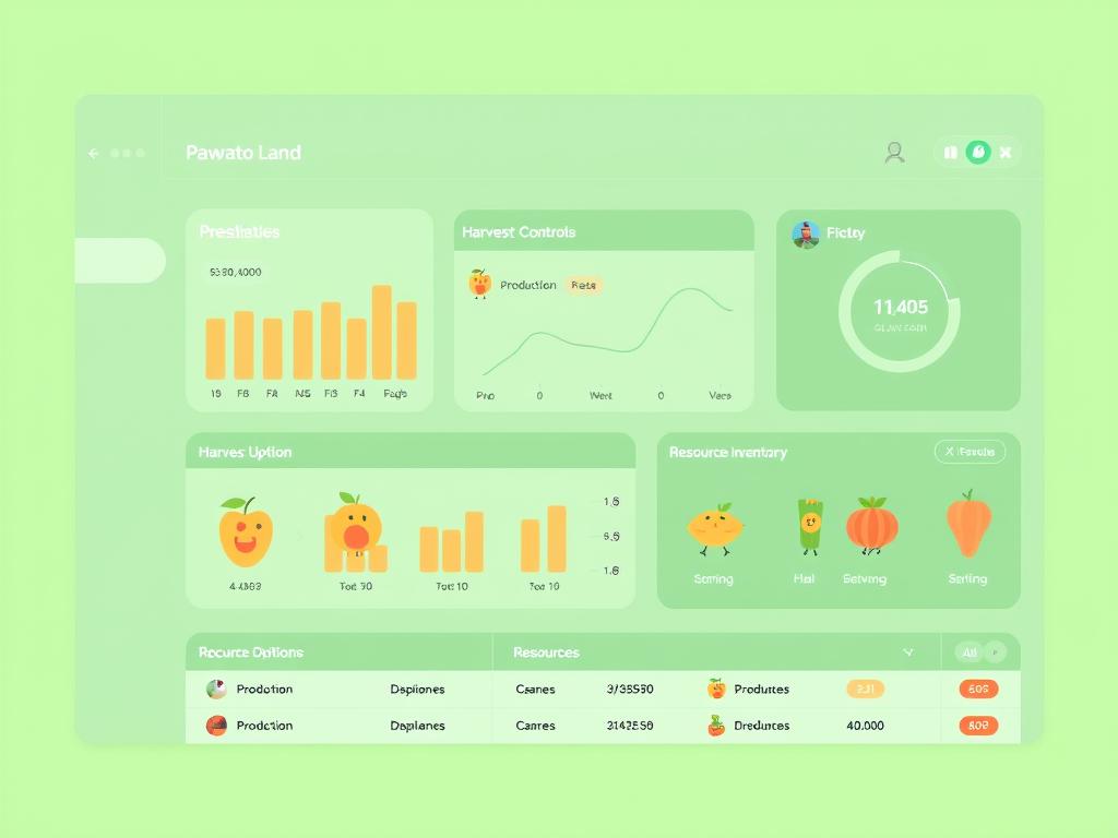 Resource management dashboard for Pawtato Land showing production statistics