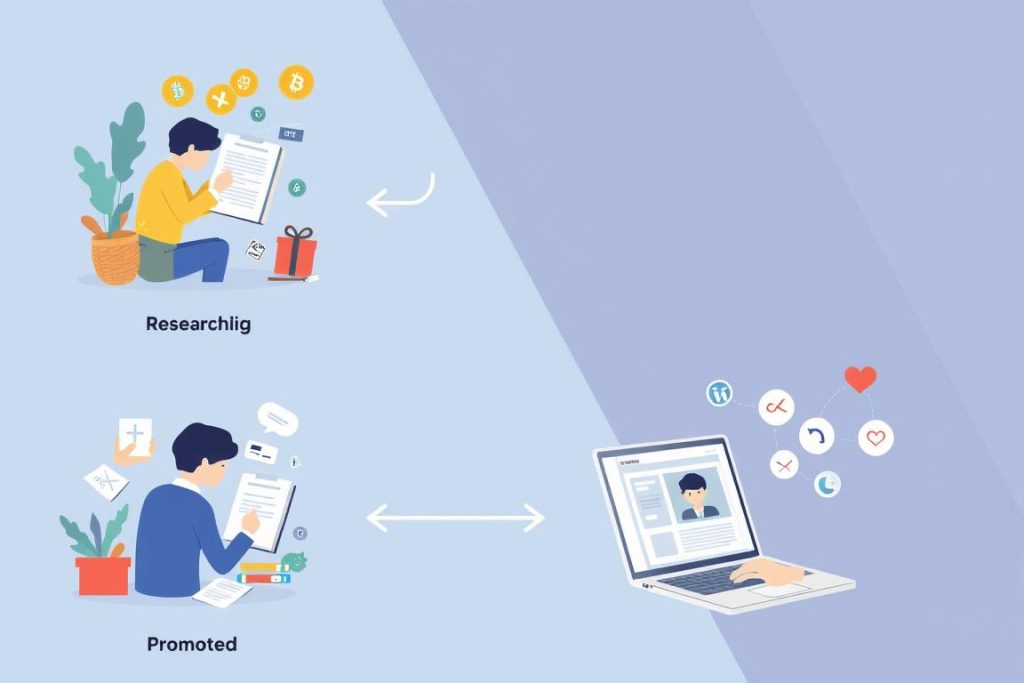 Content creation process for Publish0x showing research, writing, and promotion