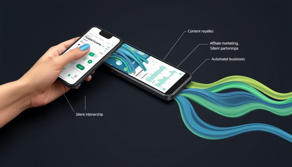 Multiple passive income streams flowing to smartphone showing wealth hacks that work