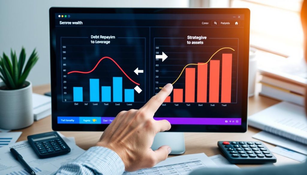 Person analyzing debt-to-wealth conversion strategies on financial dashboard showing wealth hacks that work