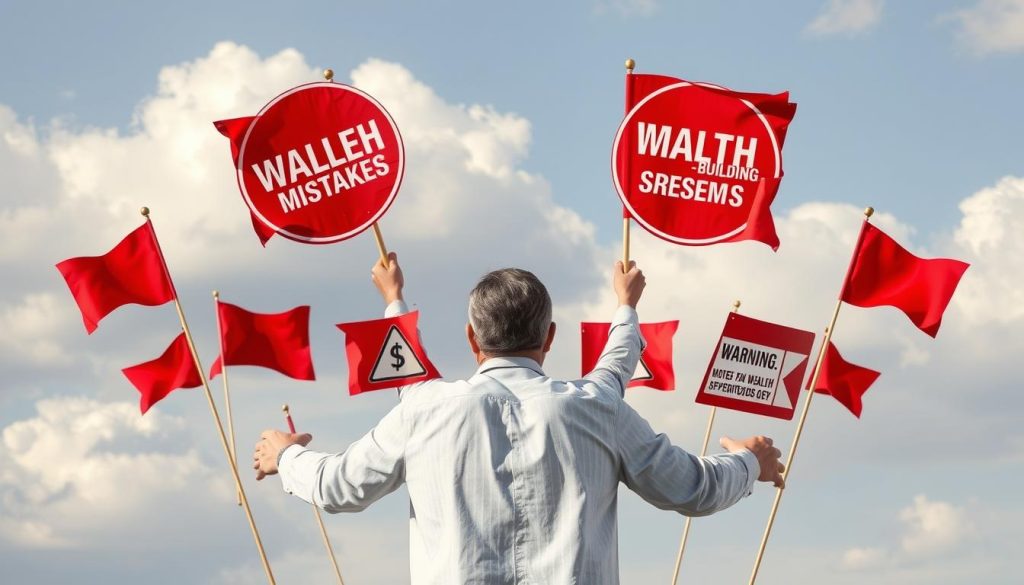 Person avoiding common wealth-building mistakes with red flags showing what doesn't work